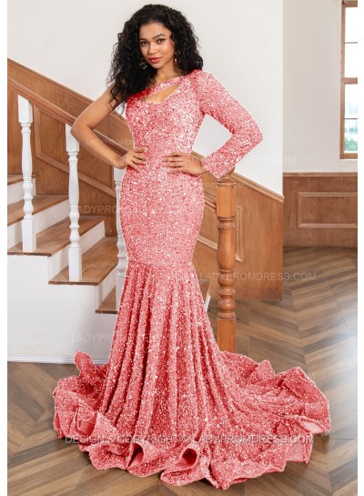 Watermelon One Shoulder Sequence Mermaid Long Prom Dresses