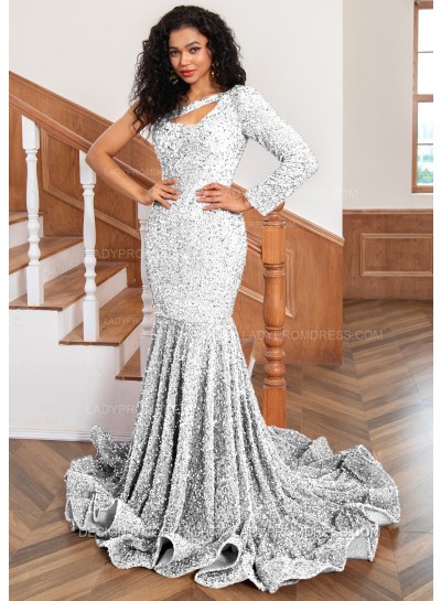 White One Shoulder Sequence Mermaid Long Prom Dresses