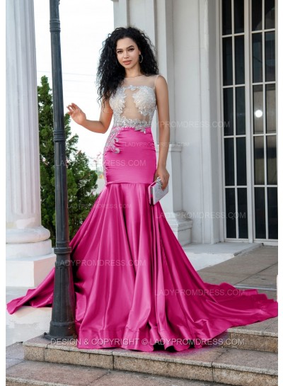 Fuchsia Sheath Long Prom Dresses With Appliques