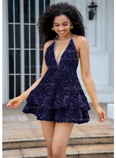 Dark Navy Halter V-neck A-line Princess Backless Sequins Short Party Dresses