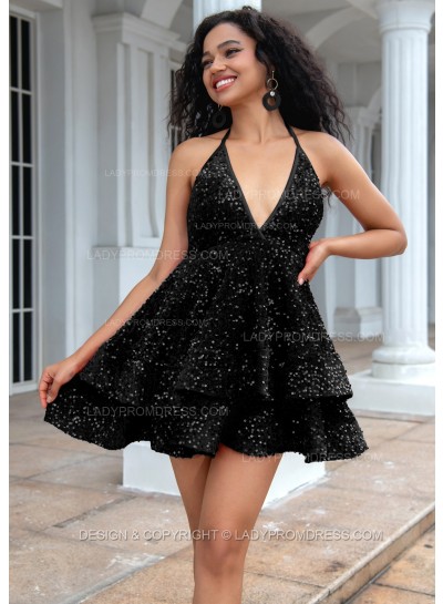 Black A-line Princess Sequins Halter Sleeveless Backless Red Short Party Dresses