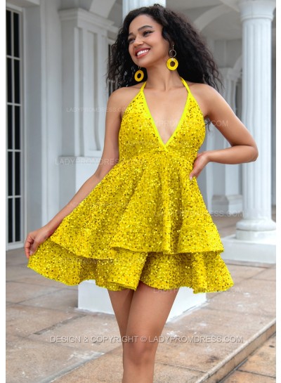 Daffodil A-line Princess Sequins Halter Sleeveless Backless Red Short Party Dresses