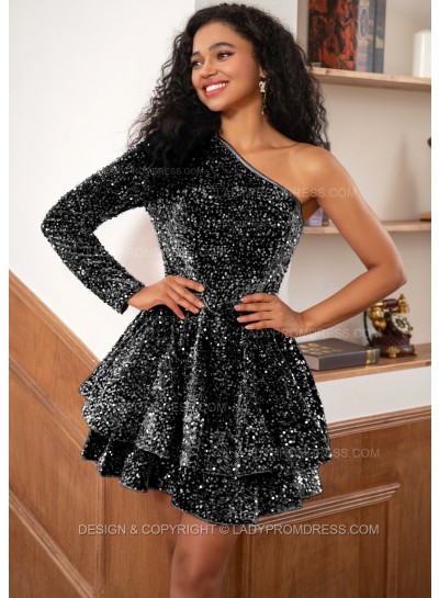 Black One Shoulder Long Sleeve Sequins Pink Short Party Dresses