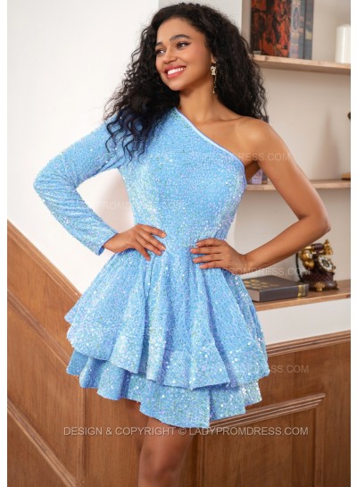Blue One Shoulder Long Sleeve Sequins Pink Short Party Dresses