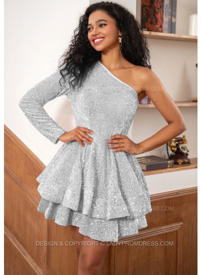 Silver One Shoulder Long Sleeve Sequins Pink Short Party Dresses