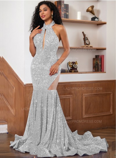 Silver Sequence Long Scoop Long Sheath Prom Dresses 2025