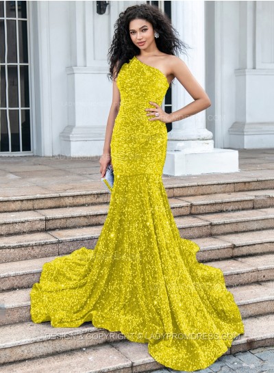 Daffodil Mermaid Sequence One Shoulder Long Prom Dresses 2025