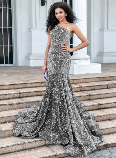 Silver Mermaid Sequence One Shoulder Long Prom Dresses 2025