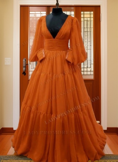 Long Sleeves A Line Coral V Neck Chiffon Pleated Prom Dresses 2025