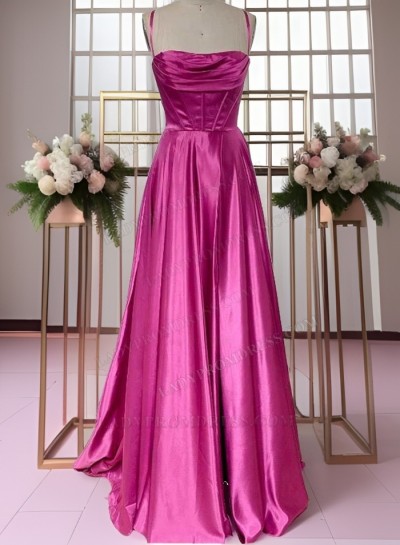 2025 A Line Fuchsia Silk Like Satin Halter Long Pleated Prom Dresses