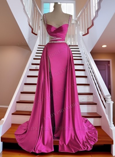 2025 Sheath Fuchsia Sweetheart Side Slit Beaded Long Prom Dresses