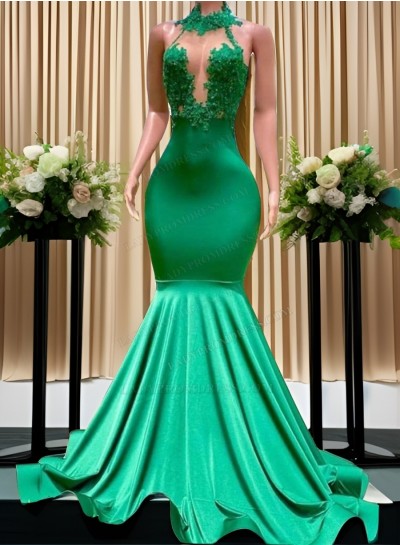 2025 Mermaid Emerlad Green Silk Like Satin Backless Long Prom Dresses With Appliques