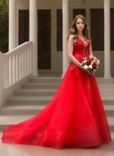 2025 A-Line Princess Tulle Appliques Spaghetti Straps Sleeveless Sweep/Brush Train Prom Dresses