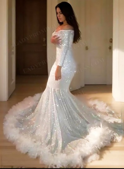 2025 Trumpet/Mermaid Sequins Off-the-Shoulder Long Sleeves Sweep/Brush Train Prom Dresses
