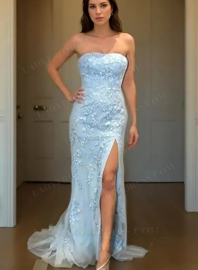 2025 Sheath/Column Satin Appliques Strapless Sleeveless Sweep/Brush Train Prom Dresses