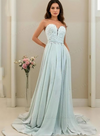 A-Line Princess Chiffon Sweetheart Appliques Sweep/Brush Train Prom Dresses