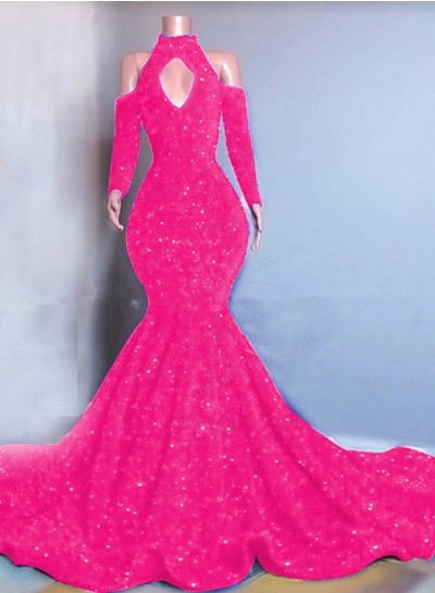 Hot Pink Long Sleeves Mermaid Sequins Prom Dresses 2025