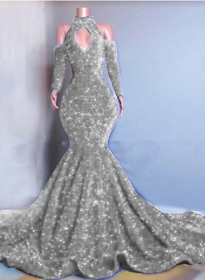 Silver Long Sleeves Mermaid Sequins Prom Dresses 2025