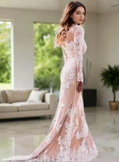 2025 New Arrival Sheath Scoop Champagne With Appliques Long Sleeves Wedding Dresses / Bridal Gowns