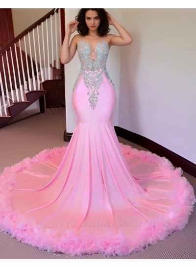 2025 Pink Mermaid Beaded Long Prom Dresses With Ruffles