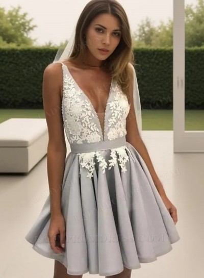 2025 A-Line/Princess V Neck Sleeveless Applique Pleated Backless Cut Short/Mini Homecoming Dresses