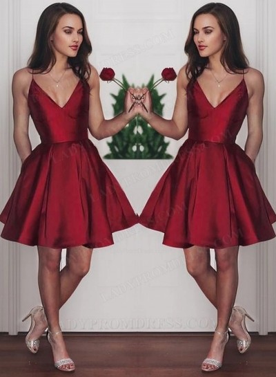 V Neck Sleeveless Spaghetti Satin A-Line/Princess Pleated Cut Short Mini Homecoming Dresses