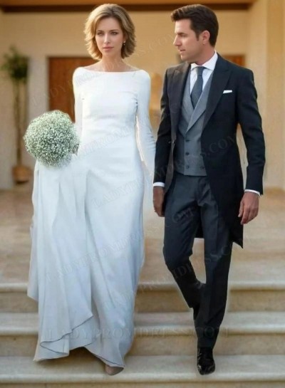 2025 Simple Sheath Crew Neck Long Sleeves White Long Backless Wedding Dresses