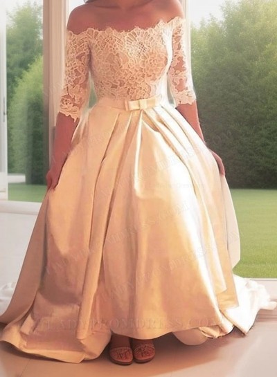 2025 A Line Elegant Ivory Tea Length Lace Long Sleeves Off Shoulder Short Wedding Dresses