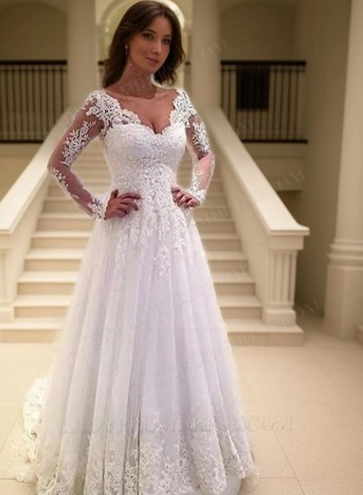 2025 Elegant A Line Long Sleeves Sweetheart Lace Wedding Dresses