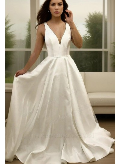 2025 Classic A Line Satin V Neck Ivory Sleeveless Wedding Dresses