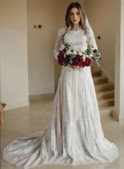 2025 Elegant A Line Long Sleeves Lace Long Round Neck Wedding Dresses