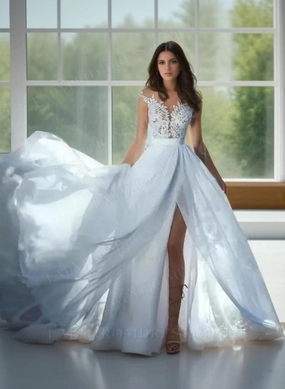 2025 New Arrival A Line Chiffon Side Slit Capped Sleeves Beach Wedding Dresses