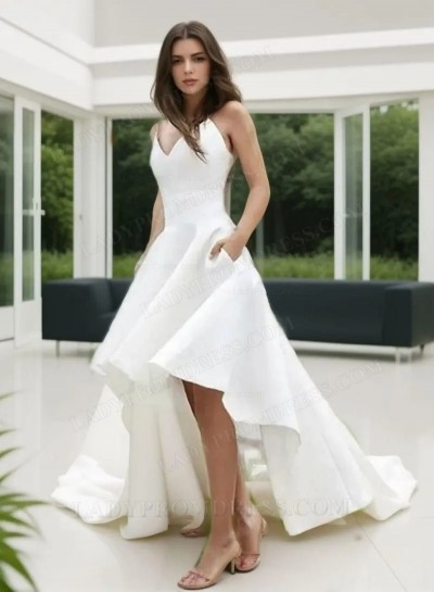 2025 Elegant A Line High Low Satin Backless Short Sweetheart Beach Wedding Dresses