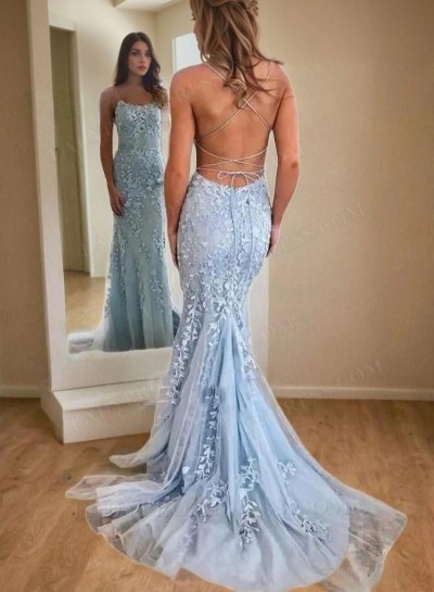 2025 Sexy Sheath Light Sky Blue and Appliques Lace Up Back Backless Tulle Long Prom Dresses