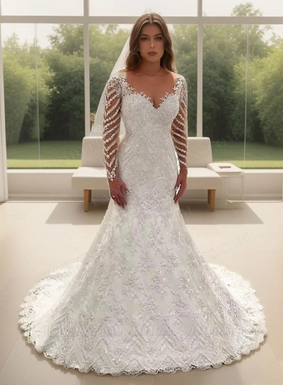 Backless Mermaid White Beaded Applique Chapel Train Lace Wedding Dresses