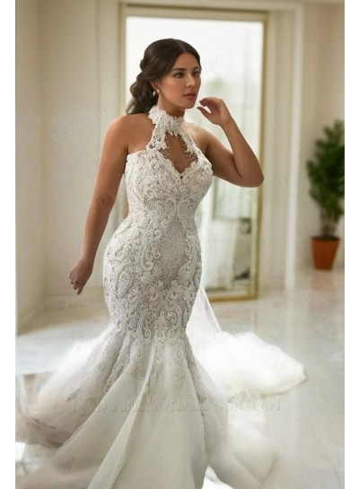 Sexy Mermaid/Trumpet Tulle With Embroidery High Neck Long Plus Size Wedding Dresses / Bridal Gowns 2025