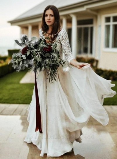 2025 New Arrival A Line/Princess Chiffon Long Sleeves Lace Two Pieces Beach Wedding Dresses / Bridal Gowns