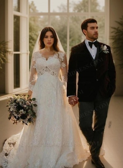 2025 A Line/Princess Long Sleeves Sweetheart Beaded Long Train Lace Wedding Dresses