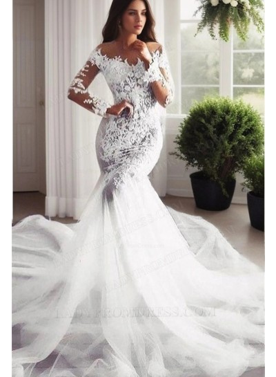 2025 Mermaid Long Sleeves Off Shoulder Lace Tulle Long Wedding Dresses