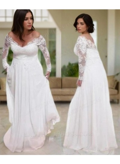 A Line Chiffon Off Shoulder Long Sleeves lace Plus Size Wedding Dresses 2025