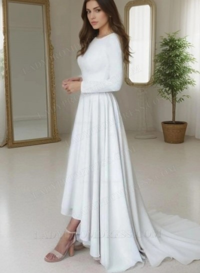 A Line High Low Long Sleeves Bateau Satin Beach Wedding Dresses 2025