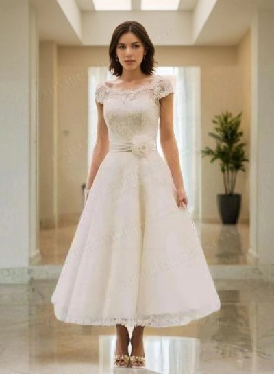 2025 A Line Lace Capped Sleeves Tea Length Wedding Dresses