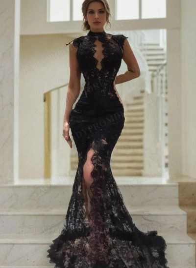 Charming Black High Neck Lace Mermaid 2025 Prom Dresses