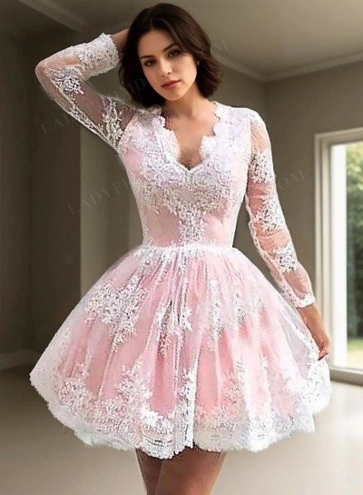 Ball Gown V Neck Long Sleeve Applique Cut Short Mini Homecoming Dresses