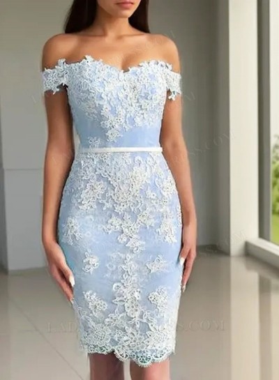 2025 Light Sky Blue Off Shoulder Sweetheart Sheath Lace Short Homecoming Dresses