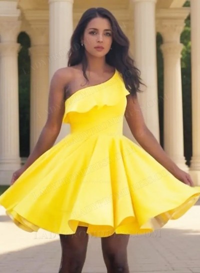 A Line Yellow One Shoulder Elastic Satin Ruffles Short Homecoming Dresses 2025