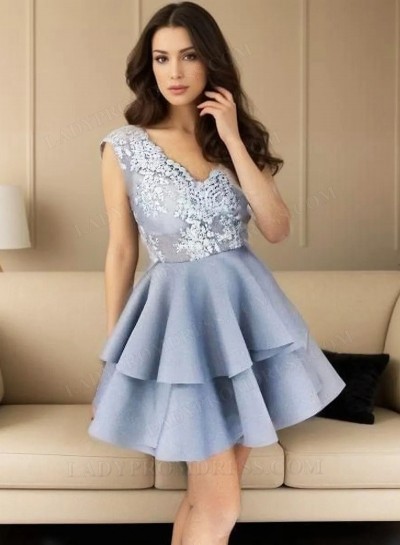 A-Line V-Neck Short Light  Blue Satin Homecoming Dress 2025 with Appliques Tired