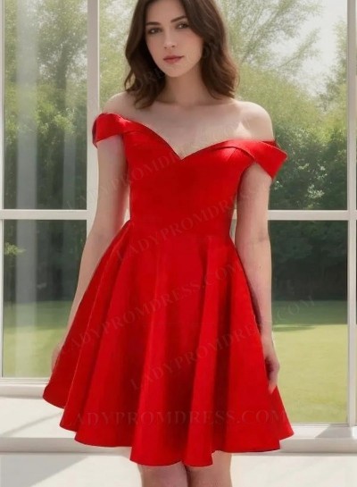 2025 Red A-line Off-the-Shoulder Knee Length Satin Lace Up Homecoming Dresses