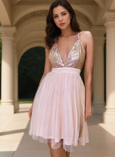 2025 Blushing Pink A-line V-neck Sleeveless Criss Cross Short Tulle Homecoming Dresses