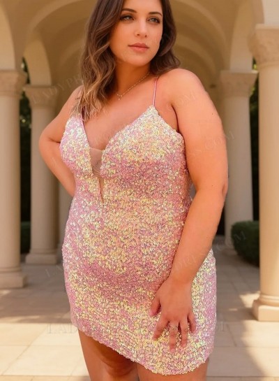 2025 Pink Sheath Spaghetti Straps Plus Size Short Sequins Homecoming Dresses